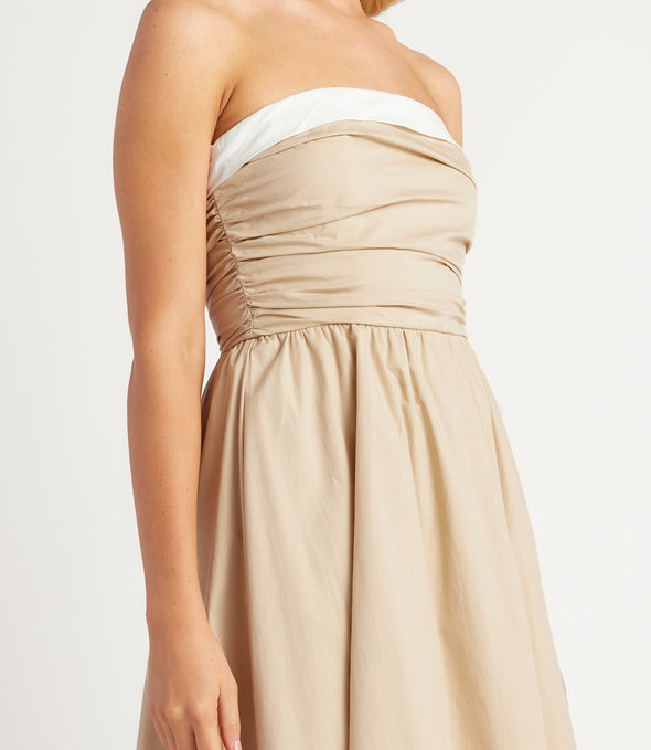 Cotton Contrast Neckline Ruched Bodice Midi Dress