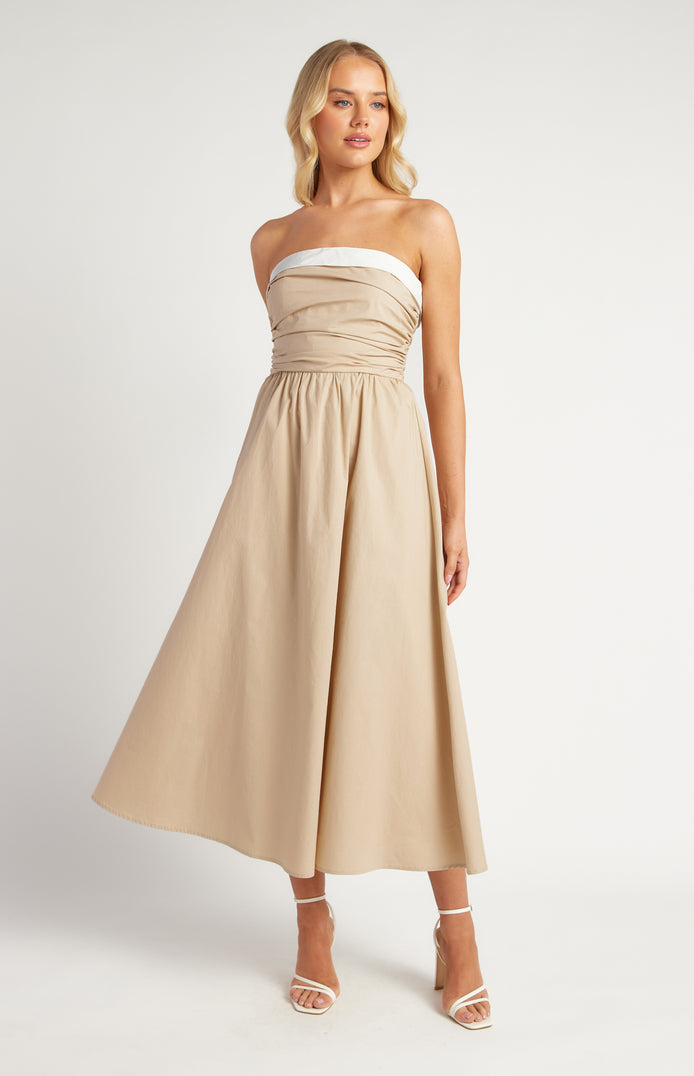 Cotton Contrast Neckline Ruched Bodice Midi Dress