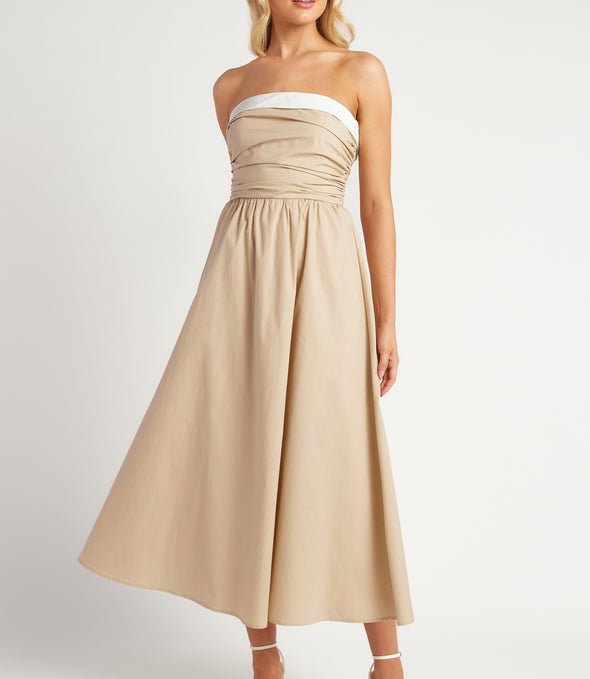 Cotton Contrast Neckline Ruched Bodice Midi Dress