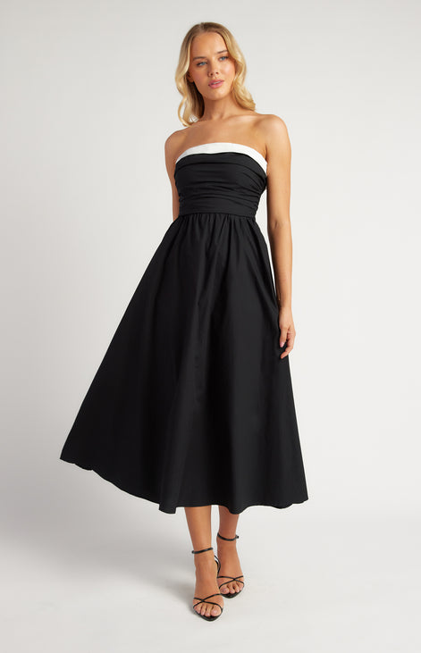 Cotton Contrast Neckline Ruched Bodice Midi Dress