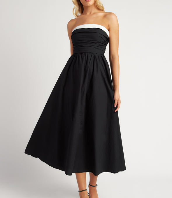 Cotton Contrast Neckline Ruched Bodice Midi Dress