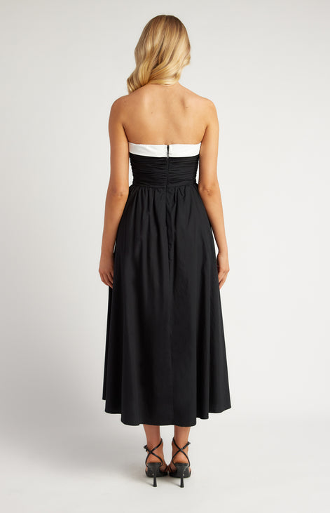 Cotton Contrast Neckline Ruched Bodice Midi Dress
