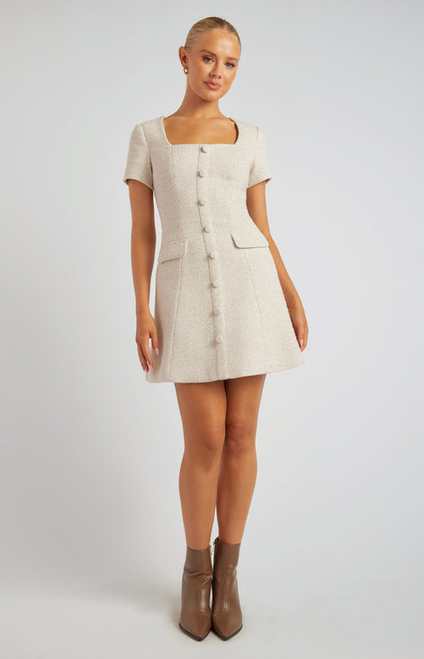 Tweed Mini Dress with Front Buttons and Faux Pocket