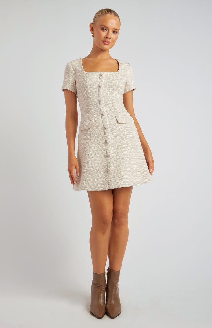 Tweed Mini Dress with Front Buttons and Faux Pocket