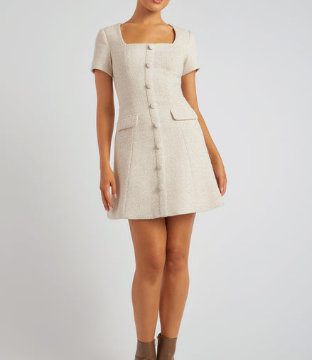 Tweed Mini Dress with Front Buttons and Faux Pocket