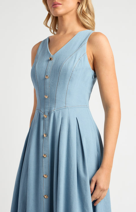 Embossed Gold Button Chambray Dress With Pleated Panel Details