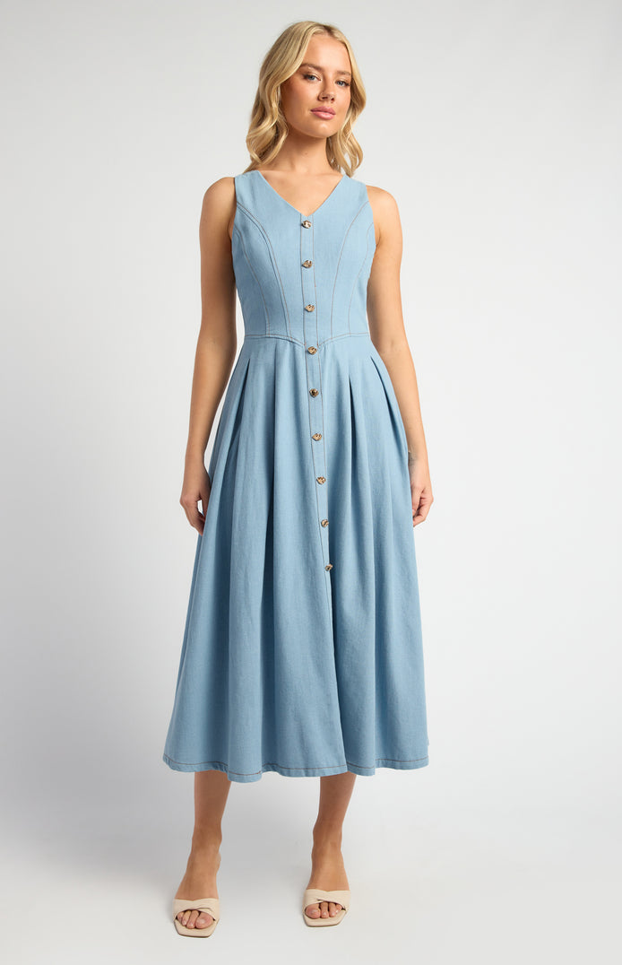 Embossed Gold Button Chambray Dress With Pleated Panel Details