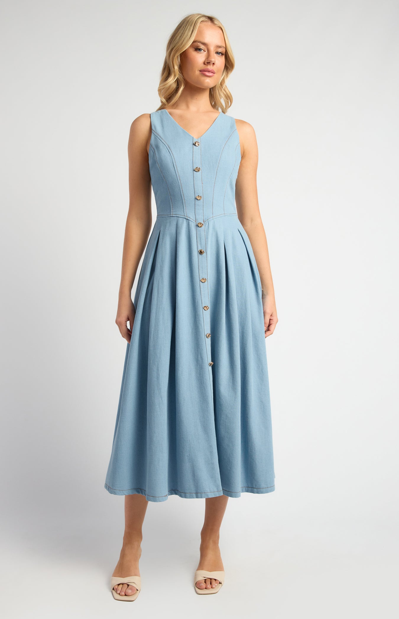 Embossed Gold Button Chambray Dress With Pleated Panel Details