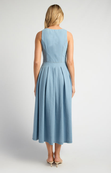 Embossed Gold Button Chambray Dress With Pleated Panel Details