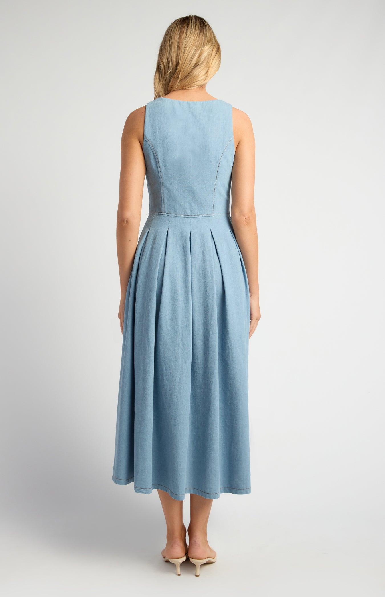 Embossed Gold Button Chambray Dress With Pleated Panel Details
