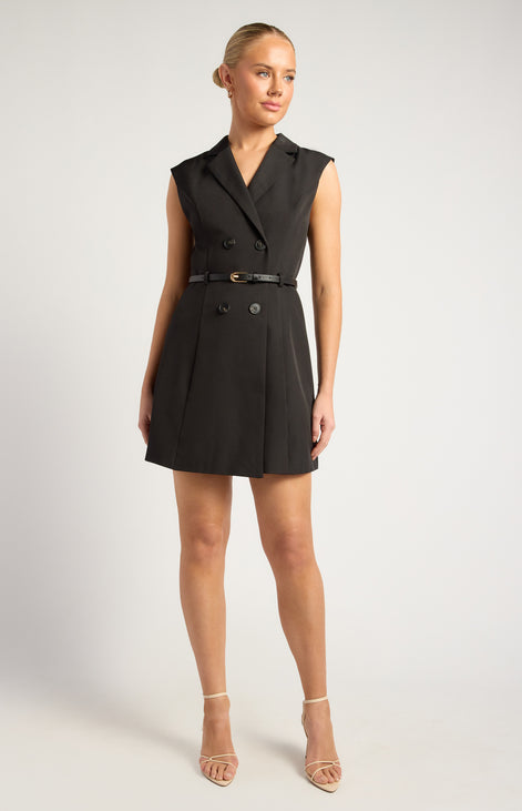 Cap Sleeves Blazer Dress With Belt Details