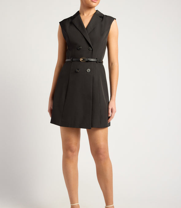 Cap Sleeves Blazer Dress With Belt Details