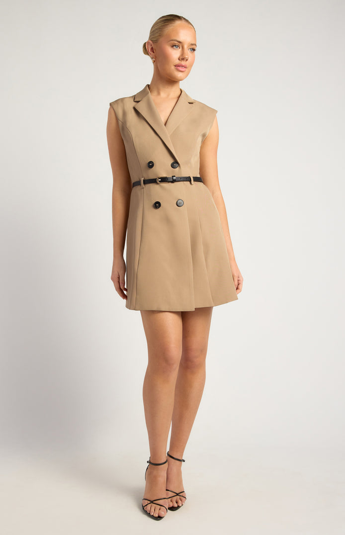 Cap Sleeves Blazer Dress With Belt Details
