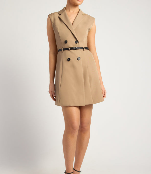 Cap Sleeves Blazer Dress With Belt Details