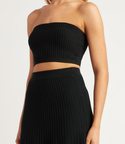 Wide Rib Knit Set with Strapless Top and Skirt