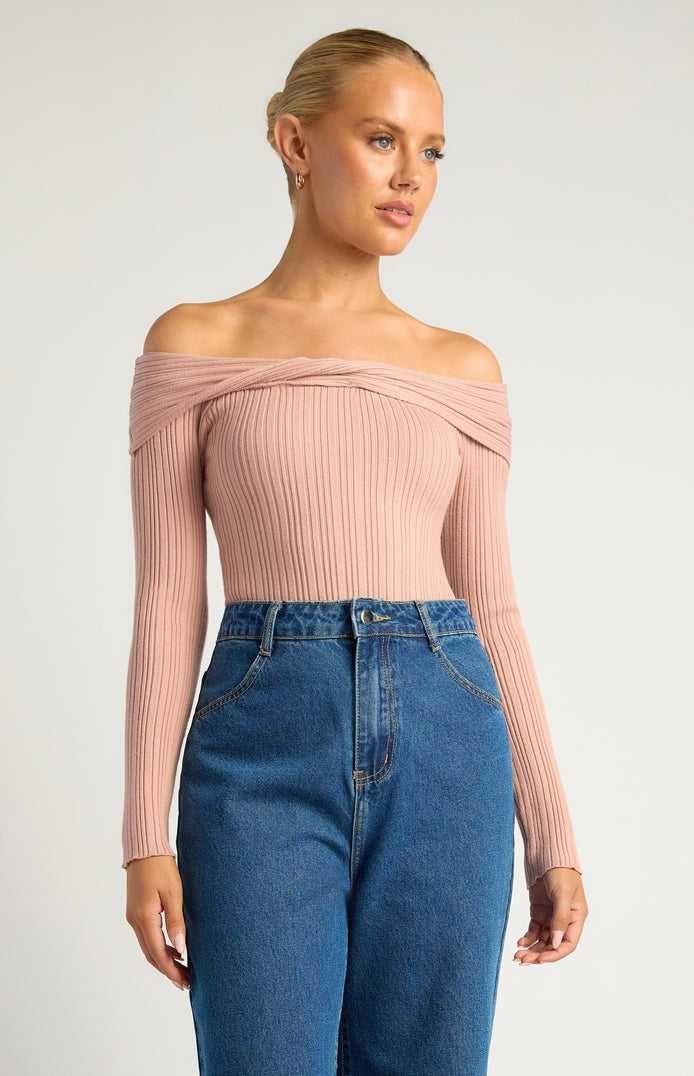 Off Shoulder Front Twist Textured Rib Knit Bodysuit