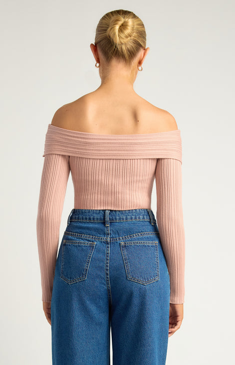Off Shoulder Front Twist Textured Rib Knit Bodysuit