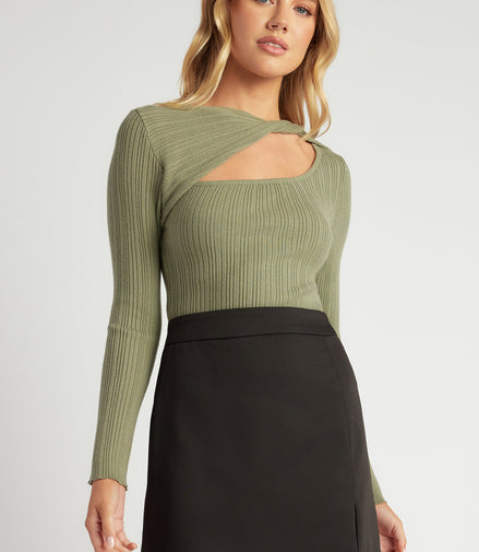 Twist Neckline Cut Out Detail Knit Top