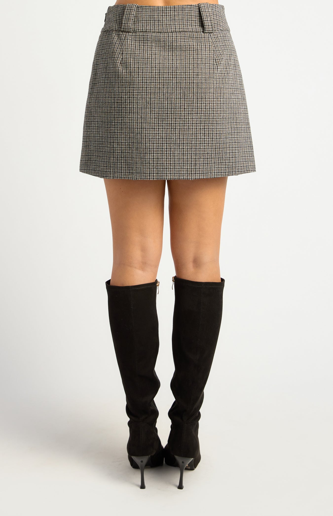 Checkered Mini Skirt with Wide Belt Loops and Button Details